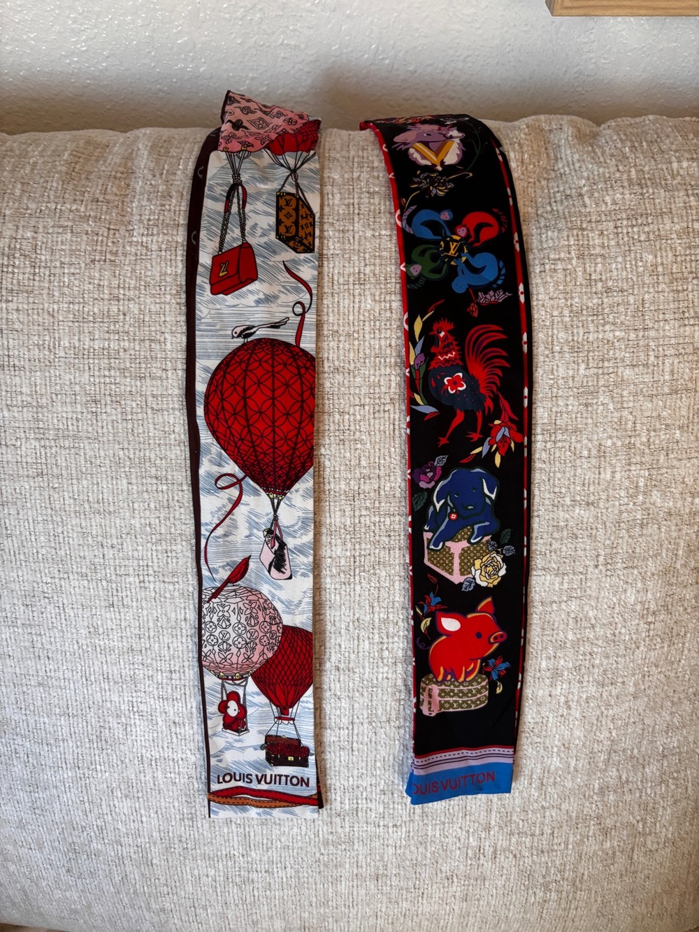 Two Reversible Twilly Scarves in Red, Black, Blue, Orange.